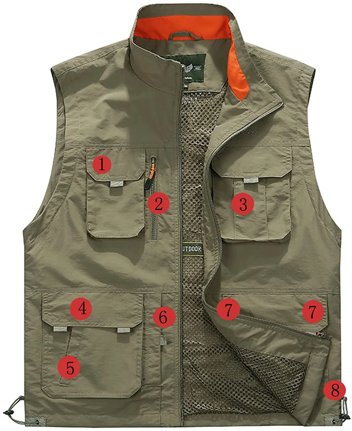 Men's Med Khaki Outdoor Vest Sleeveless Jacket Multi Pockets