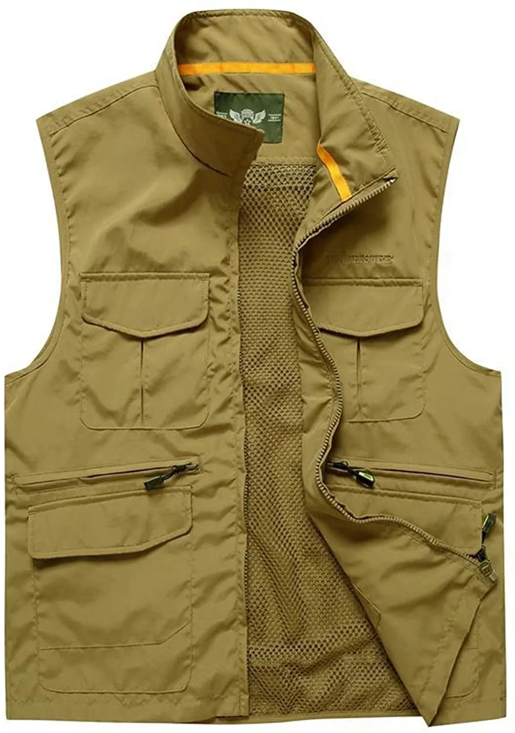 Men's Med Khaki Outdoor Vest Sleeveless Jacket Multi Pockets