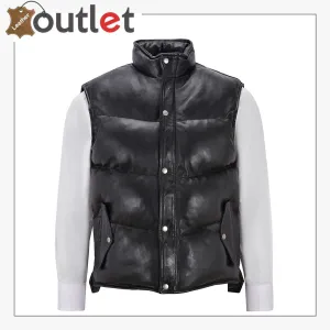 Men's Puffer Leather Black Casual Vest