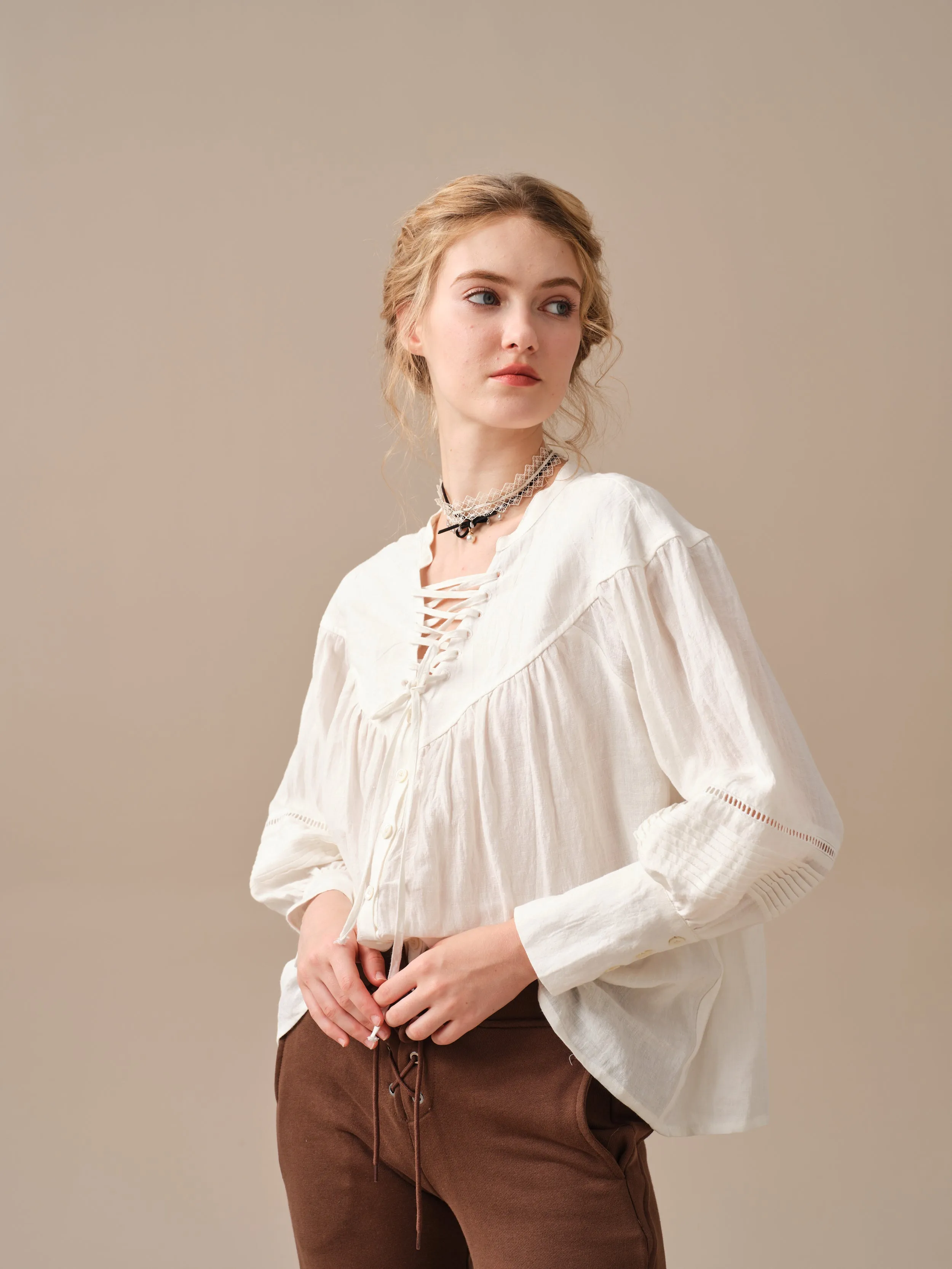 NERIA 21 | Lace up linen shirt blouse