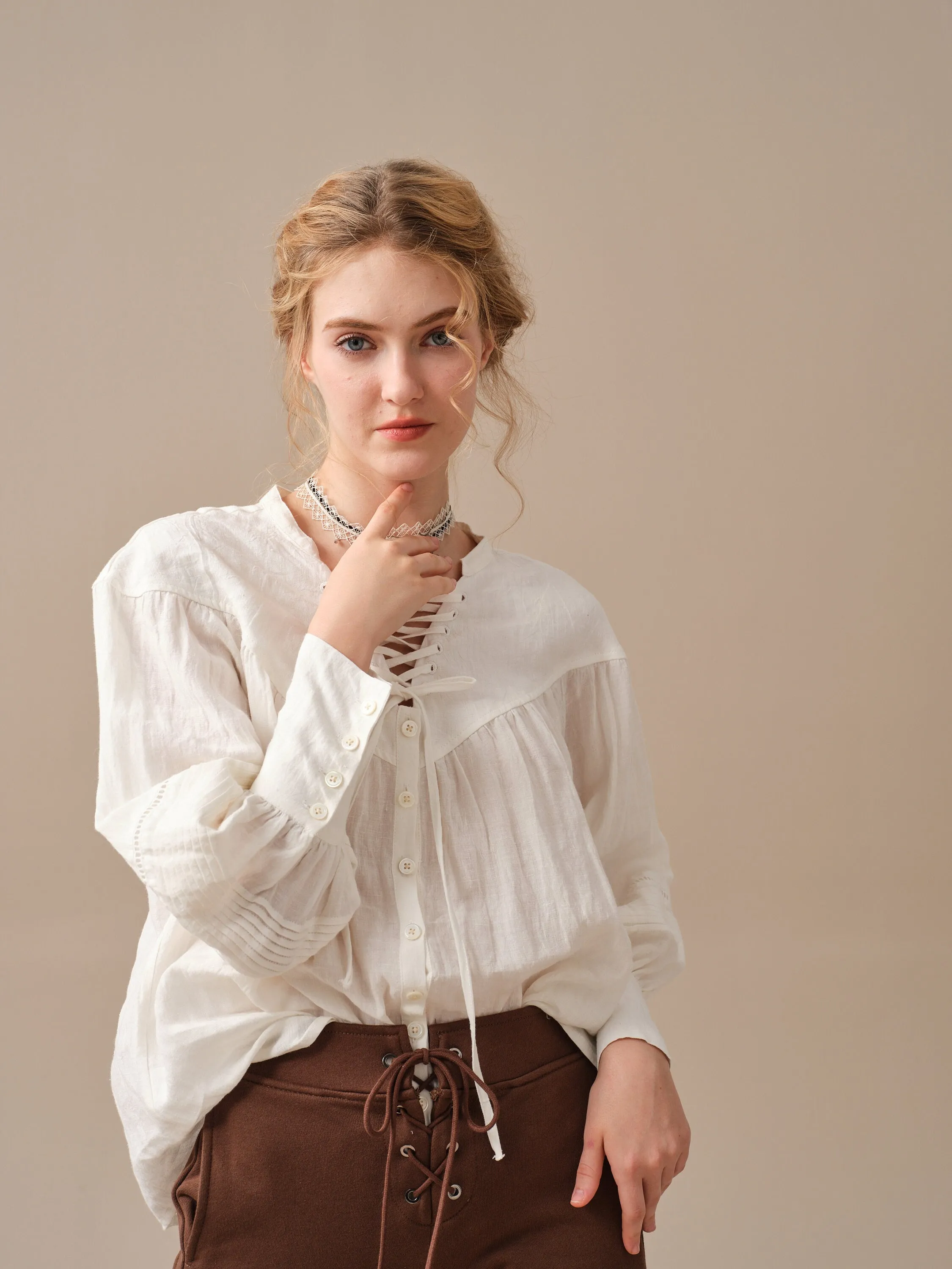 NERIA 21 | Lace up linen shirt blouse