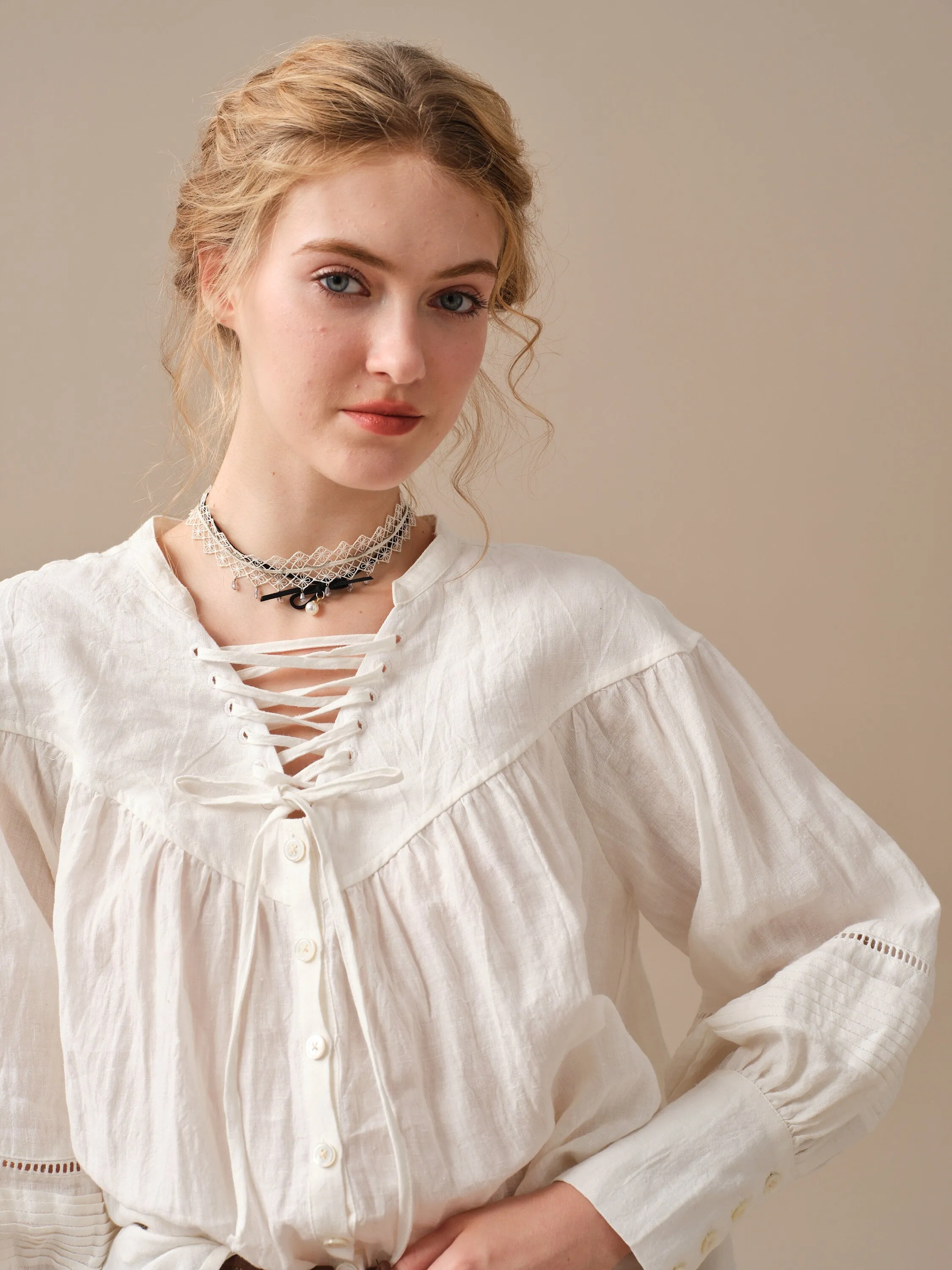 NERIA 21 | Lace up linen shirt blouse