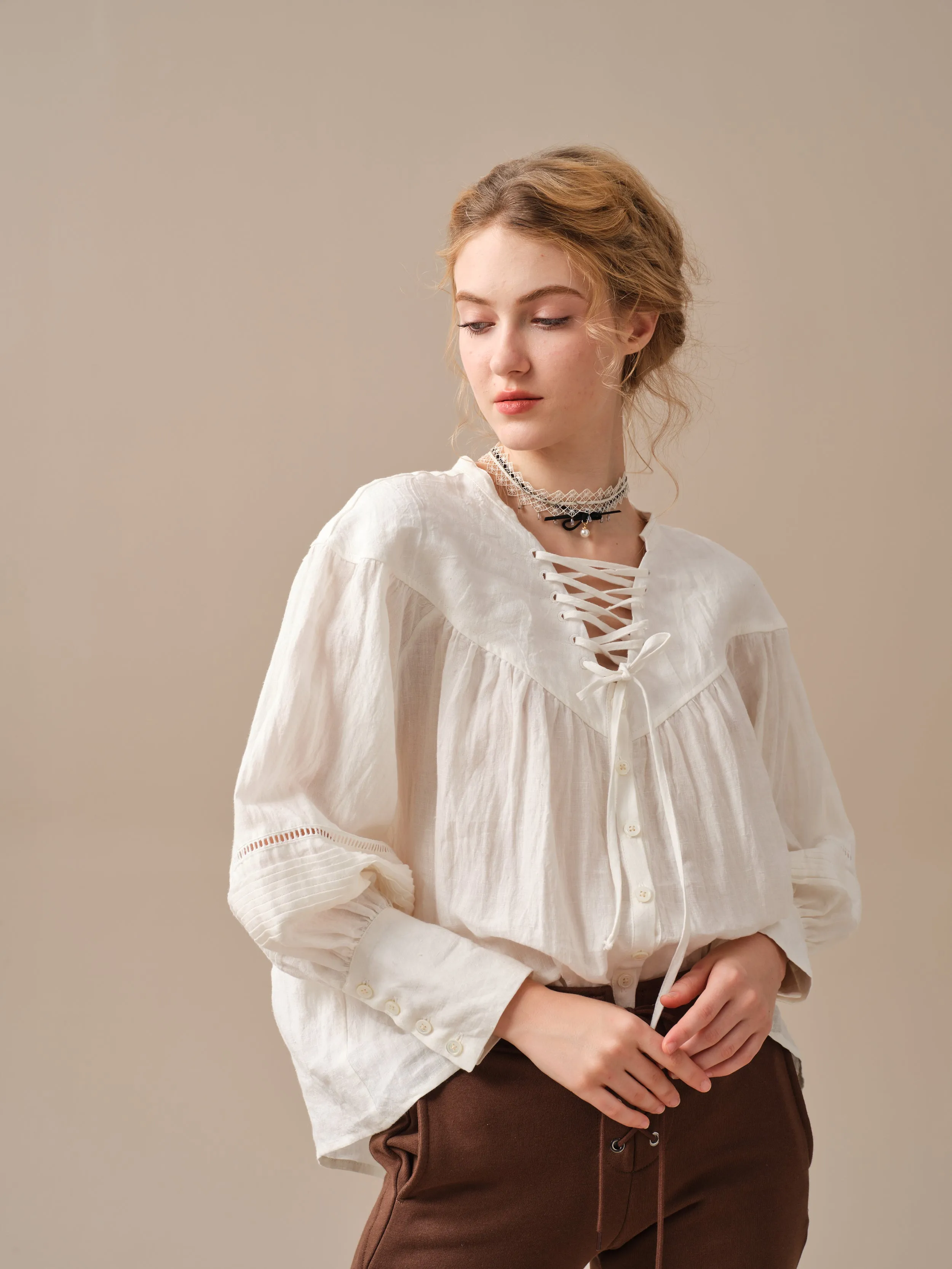 NERIA 21 | Lace up linen shirt blouse