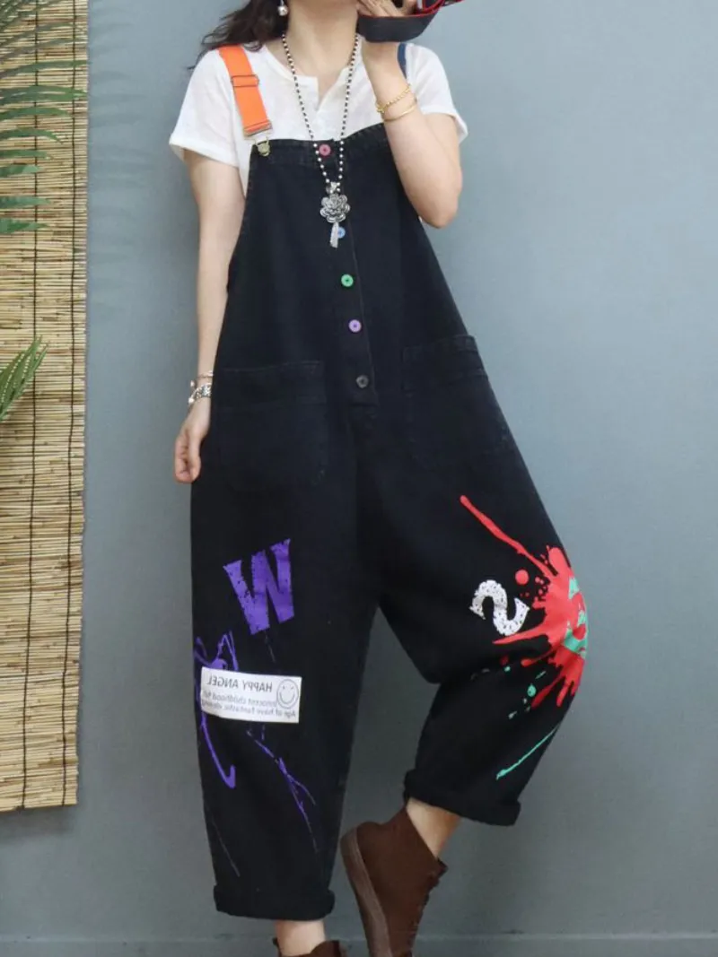 New Stylish Print Denim Loose High Waist Dungarees Overalls