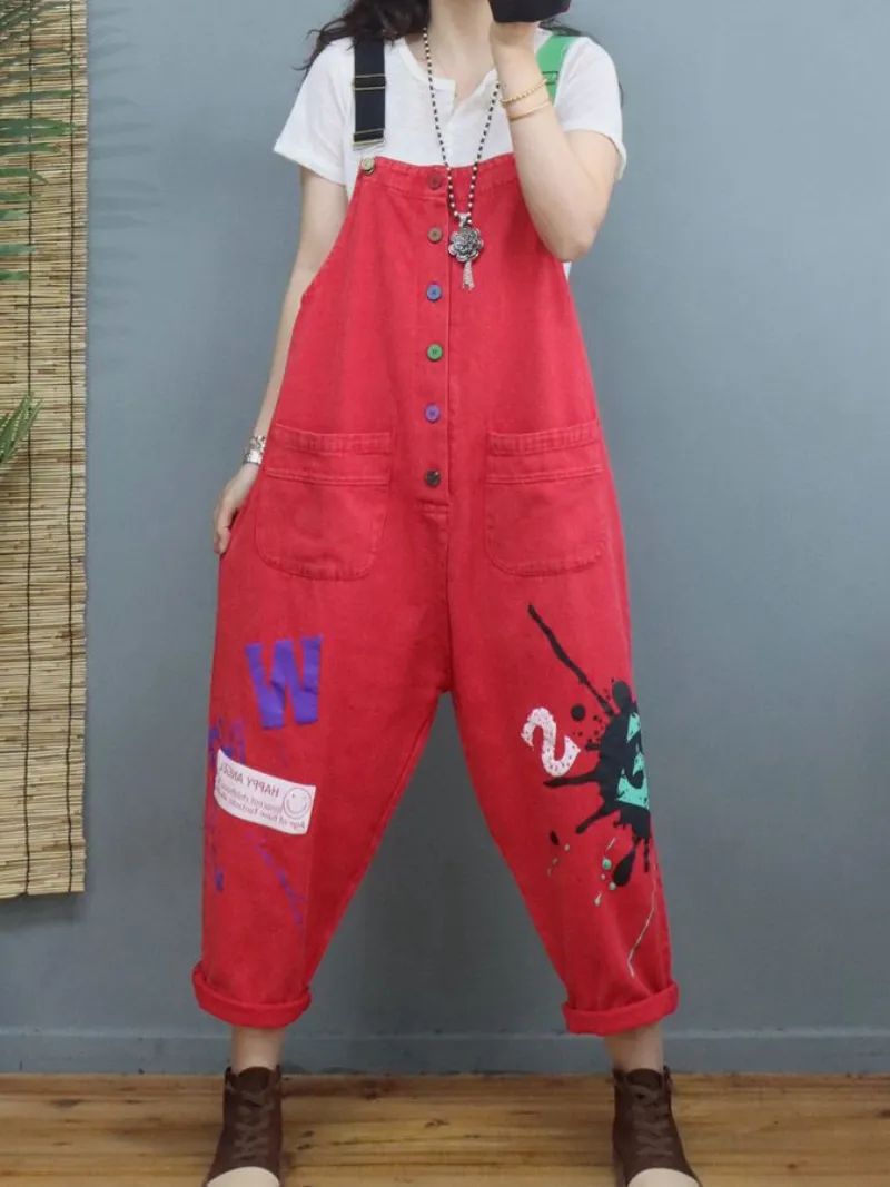 New Stylish Print Denim Loose High Waist Dungarees Overalls