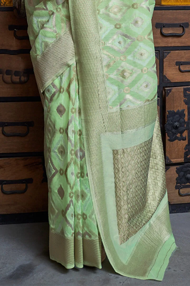 Opulent Pista Cotton Silk Saree With Arresting Blouse Piece