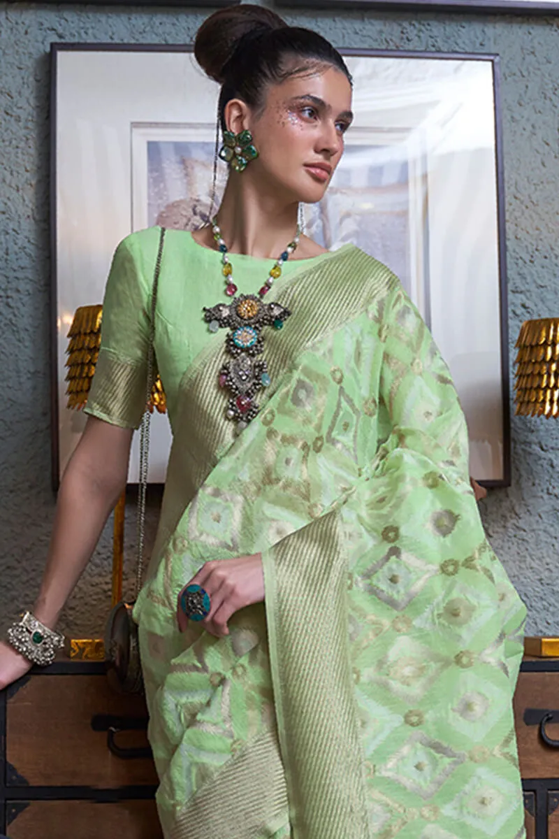 Opulent Pista Cotton Silk Saree With Arresting Blouse Piece