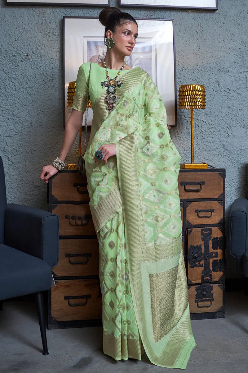 Opulent Pista Cotton Silk Saree With Arresting Blouse Piece