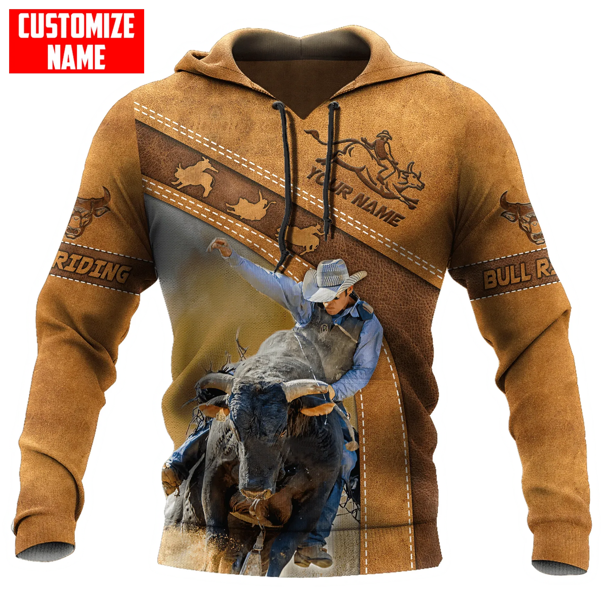 Personalized Bull Riding Hoodie Brown Leather Pattern, Cool Bull Riding Gift For Him Her