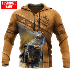 Personalized Bull Riding Hoodie Brown Leather Pattern, Cool Bull Riding Gift For Him Her