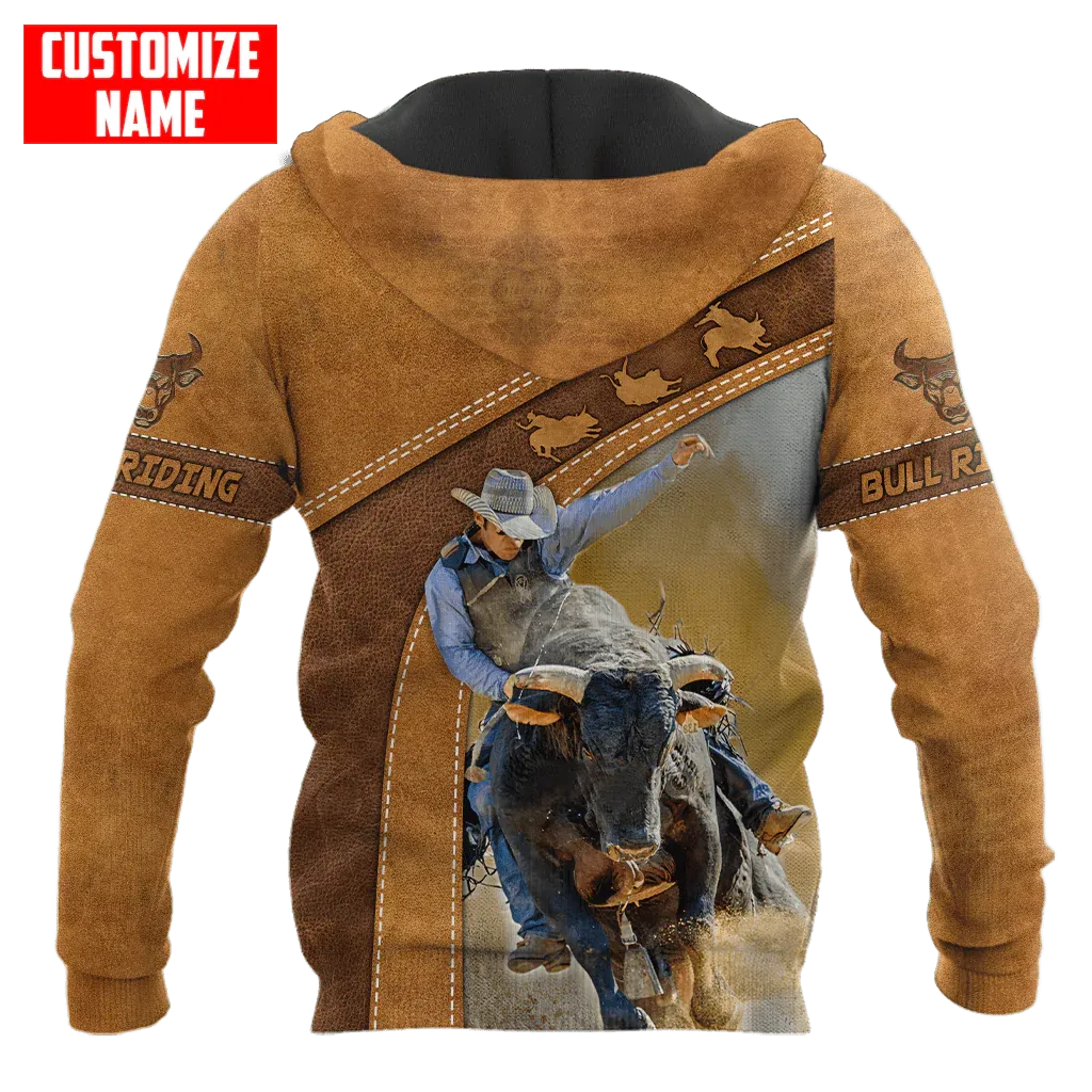 Personalized Bull Riding Hoodie Brown Leather Pattern, Cool Bull Riding Gift For Him Her