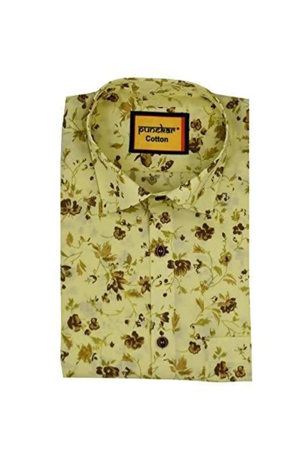 Punekar Cotton Yellow Color Printed Pure Cotton Handmade Formal Shirt for Men's.