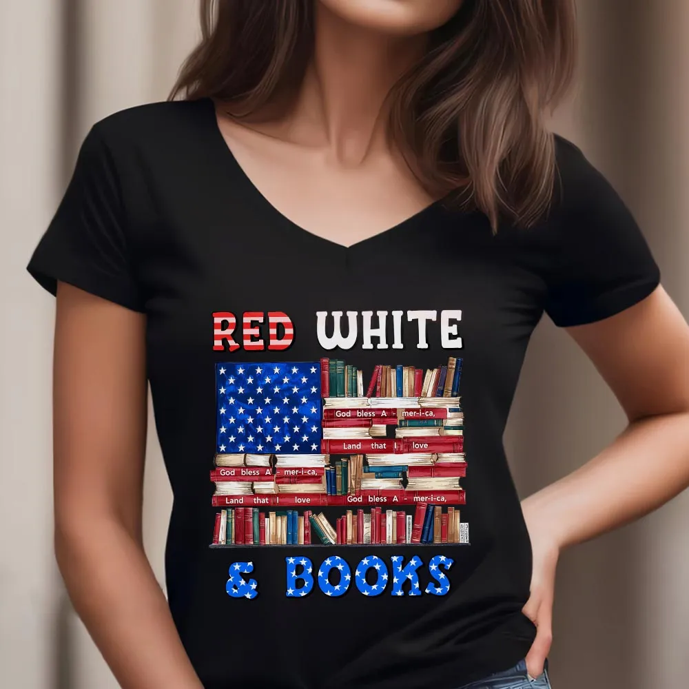 Red, White & Books Book Lovers Gift Women's V-neck T-shirt TSVB536