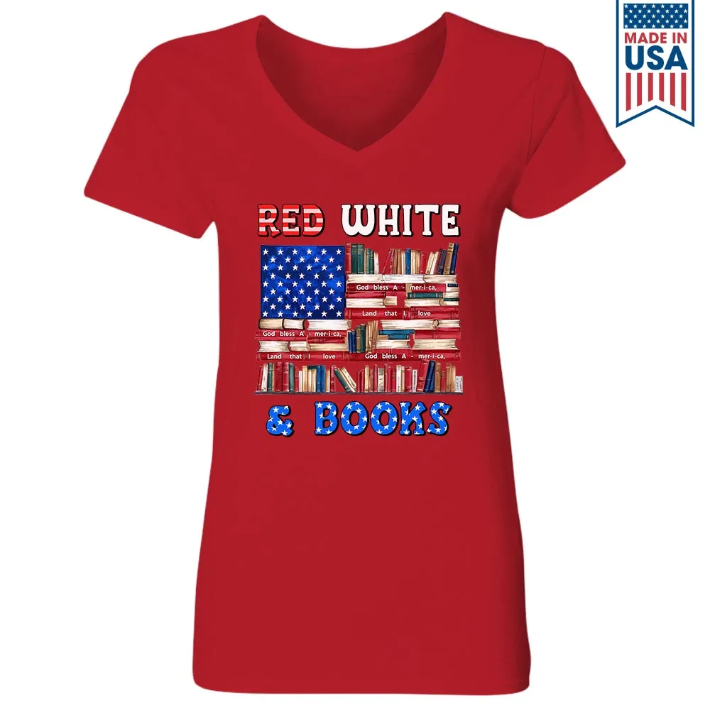 Red, White & Books Book Lovers Gift Women's V-neck T-shirt TSVB536