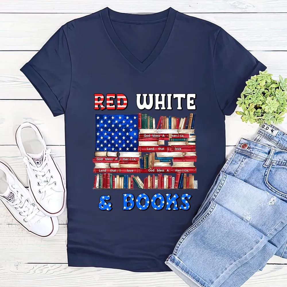 Red, White & Books Book Lovers Gift Women's V-neck T-shirt TSVB536