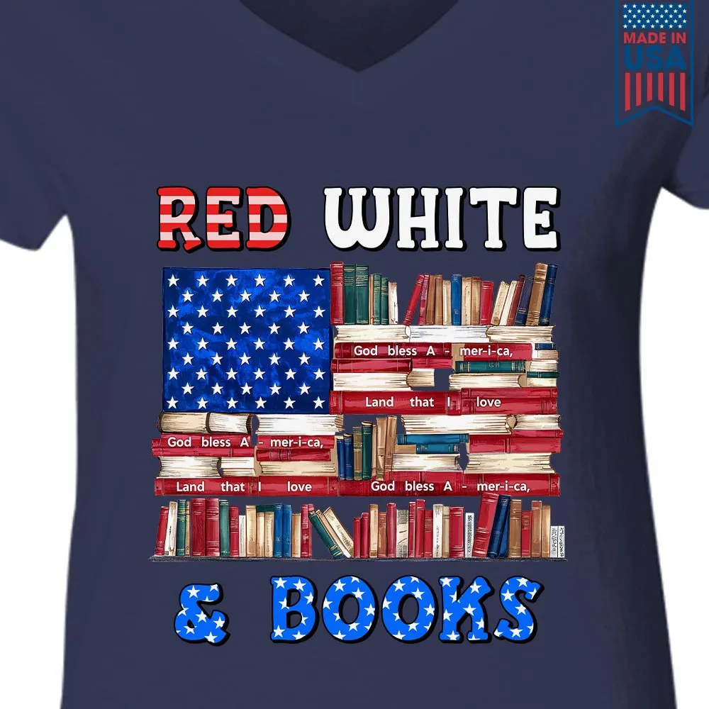 Red, White & Books Book Lovers Gift Women's V-neck T-shirt TSVB536