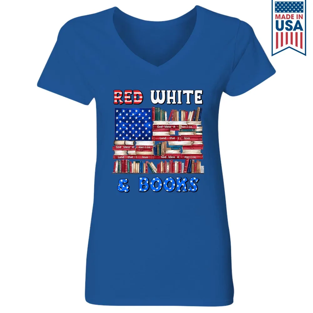 Red, White & Books Book Lovers Gift Women's V-neck T-shirt TSVB536