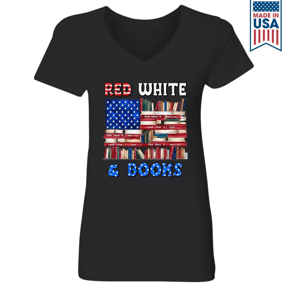 Red, White & Books Book Lovers Gift Women's V-neck T-shirt TSVB536