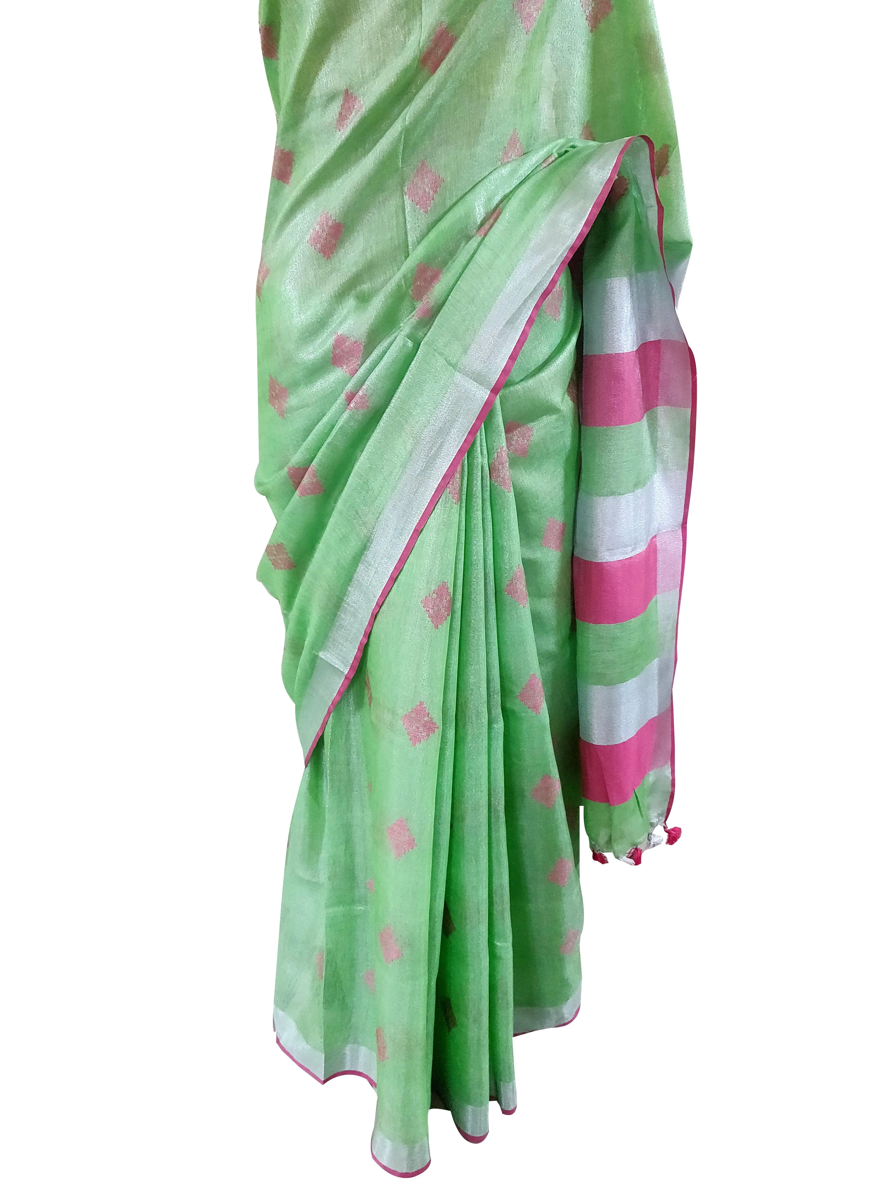 Silver Border  Green Tissue Linen Cotton Saree BL05