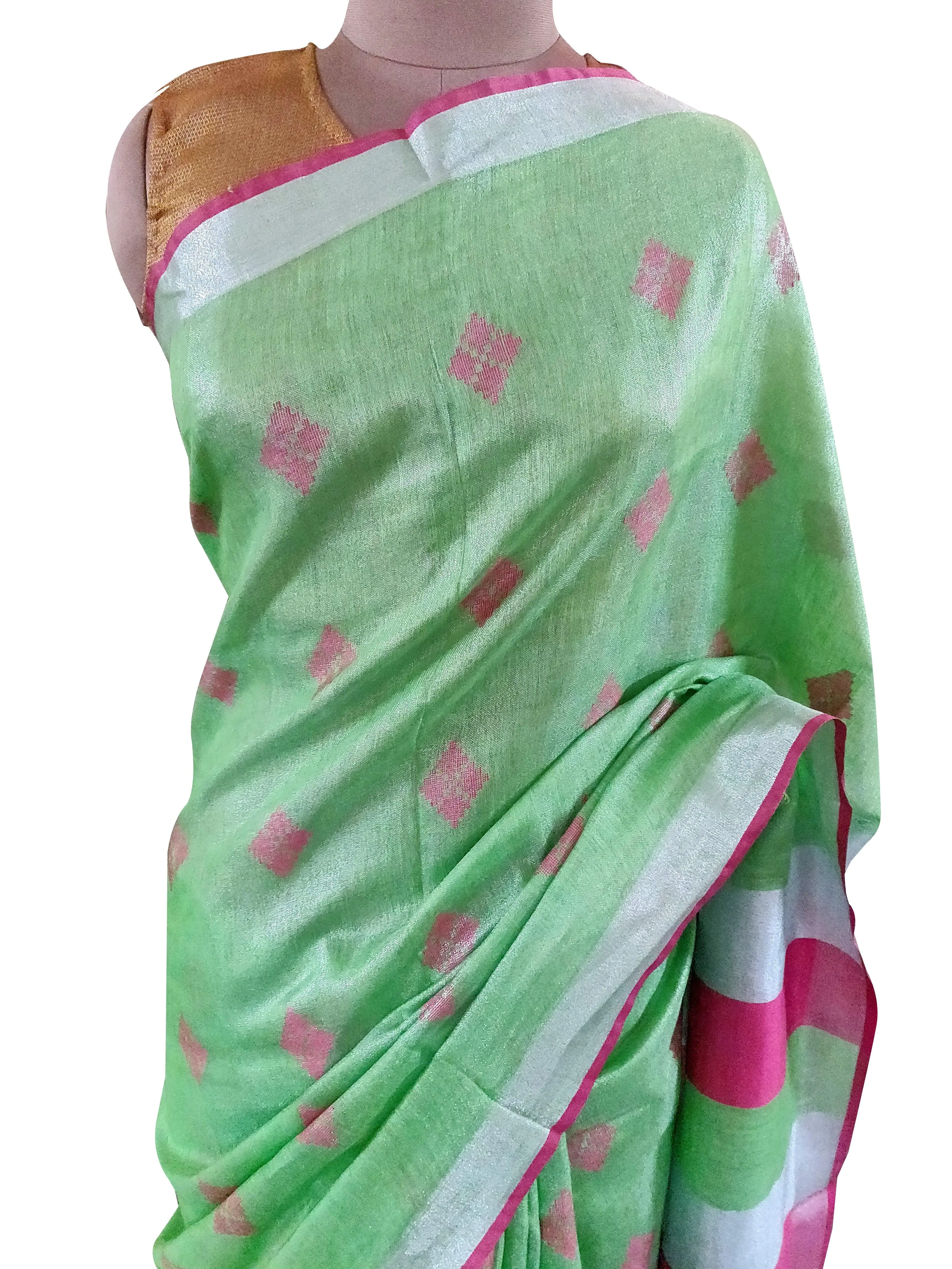 Silver Border  Green Tissue Linen Cotton Saree BL05