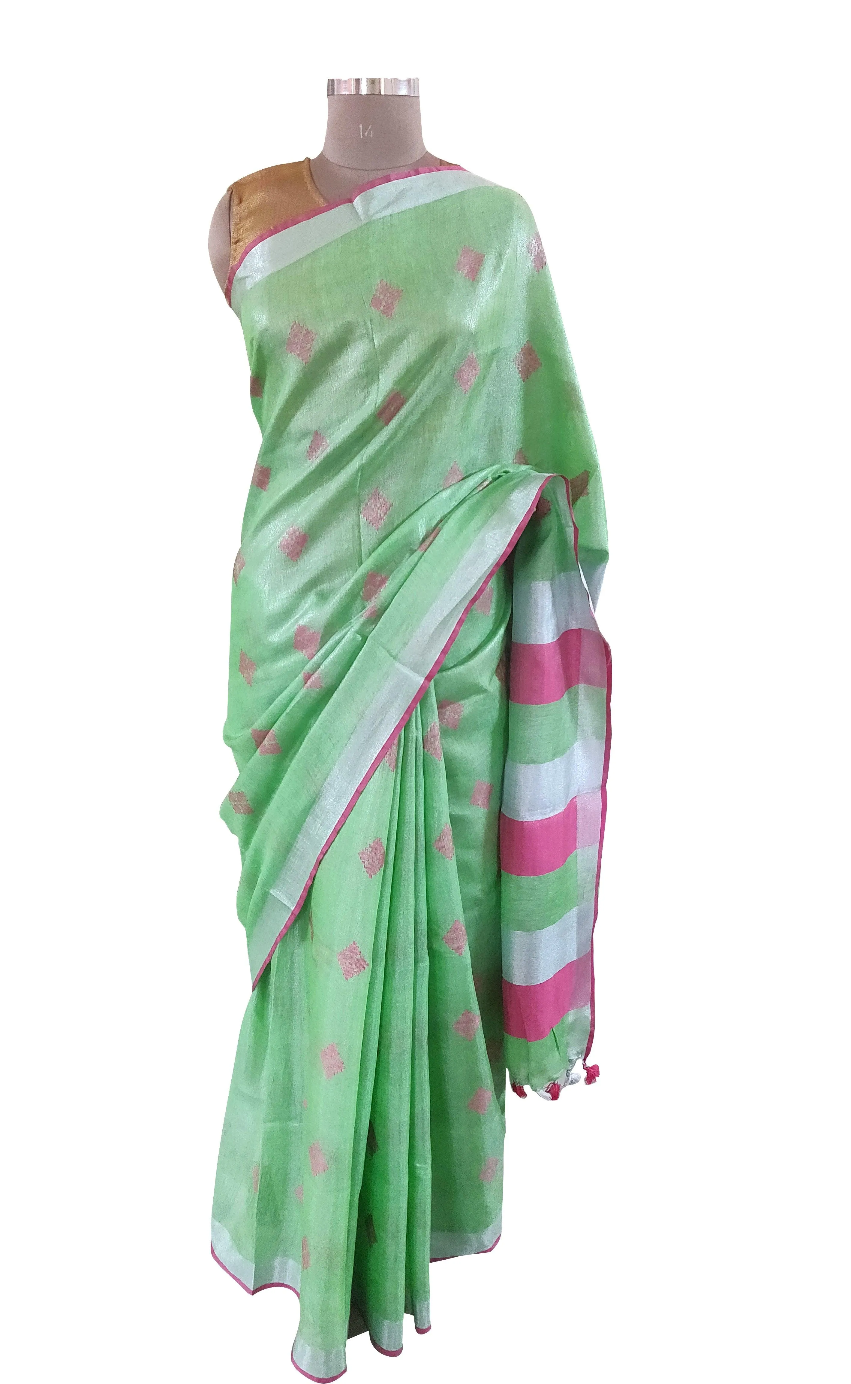 Silver Border  Green Tissue Linen Cotton Saree BL05