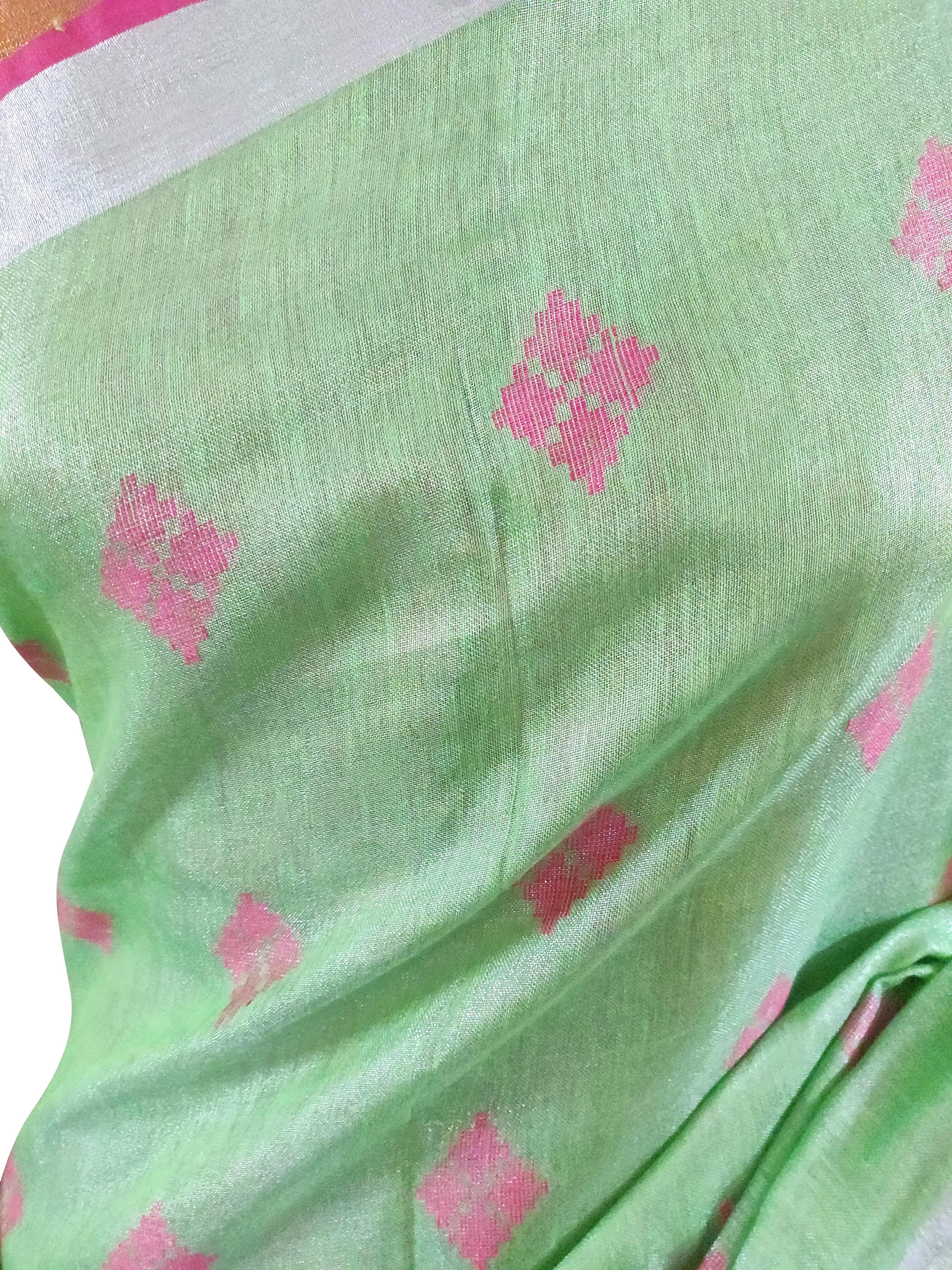 Silver Border  Green Tissue Linen Cotton Saree BL05