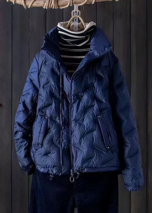 Simple Blue Short Puffer Jackets Winter Down Coat Outwear