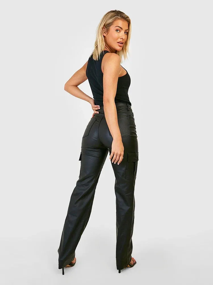 Trend4us Black Faux Leather High-Waist Cargo Pants