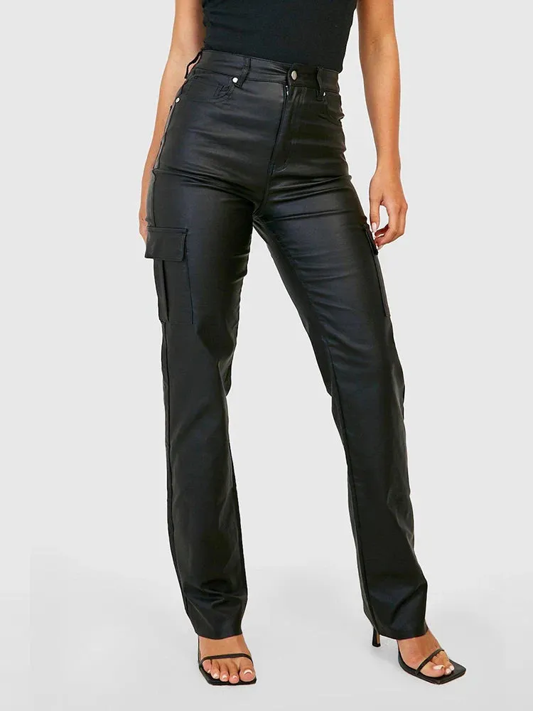 Trend4us Black Faux Leather High-Waist Cargo Pants