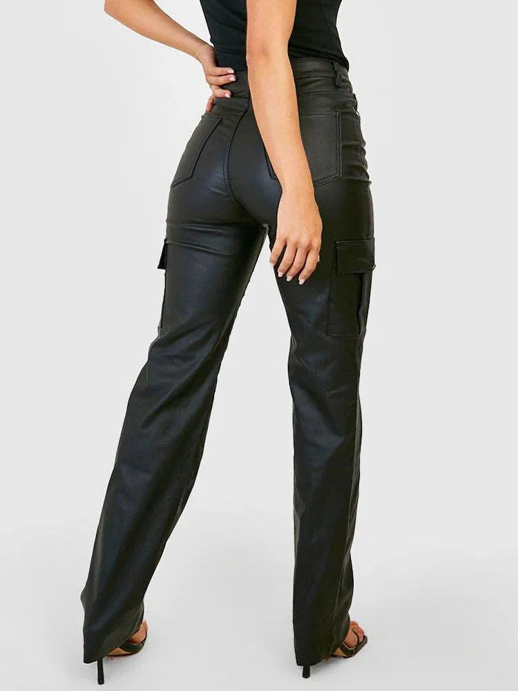 Trend4us Black Faux Leather High-Waist Cargo Pants