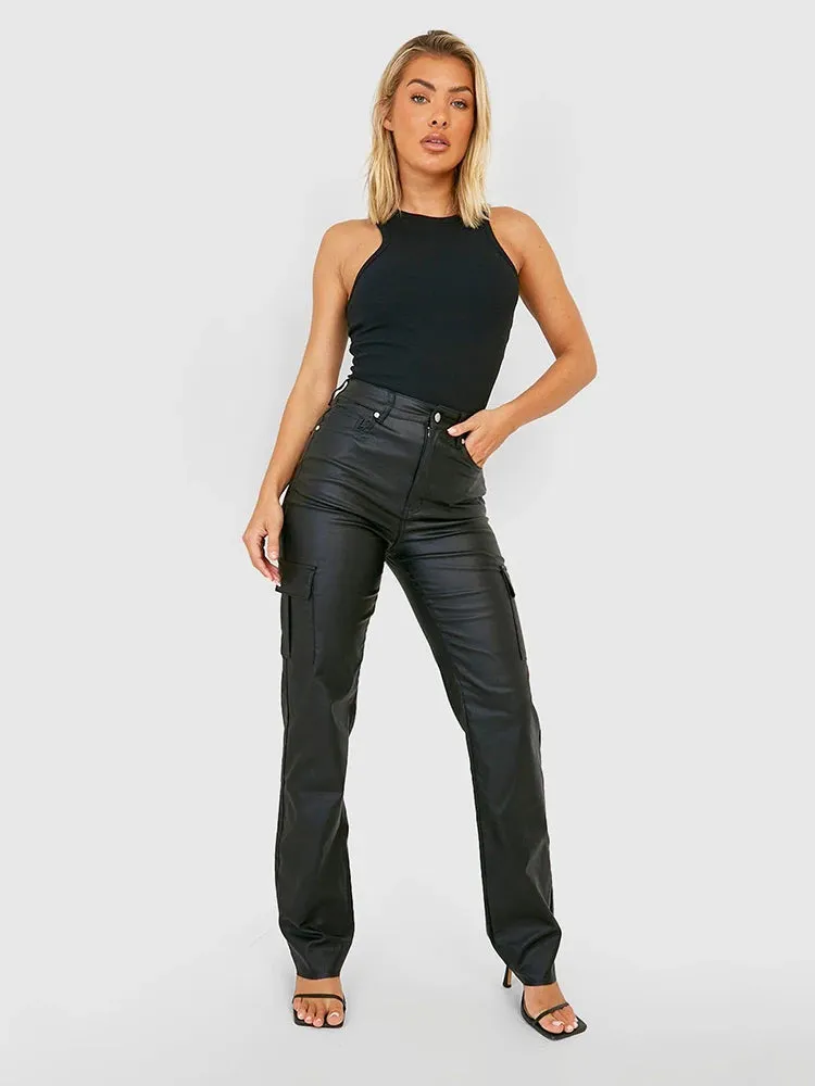 Trend4us Black Faux Leather High-Waist Cargo Pants