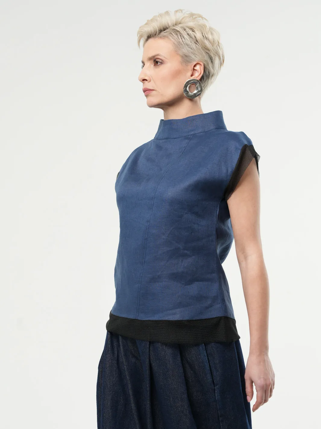 Turtleneck Linen Top In Blue