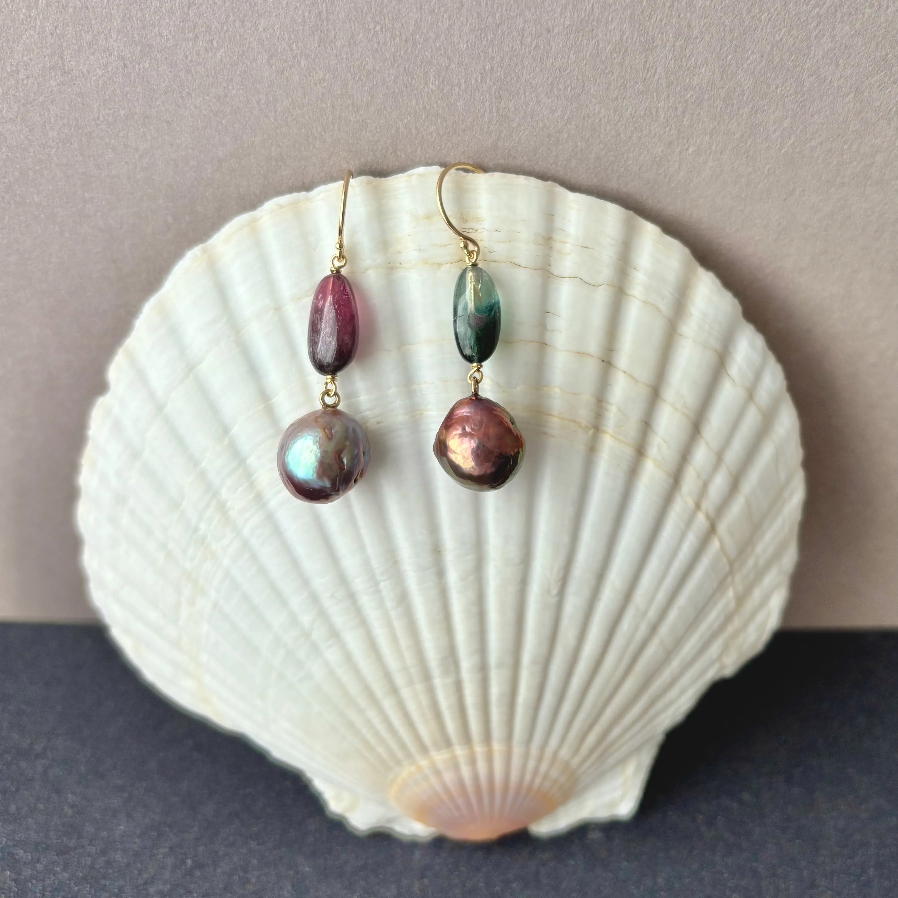 two tone tourmaline and Japan Kasumi pearl earrings