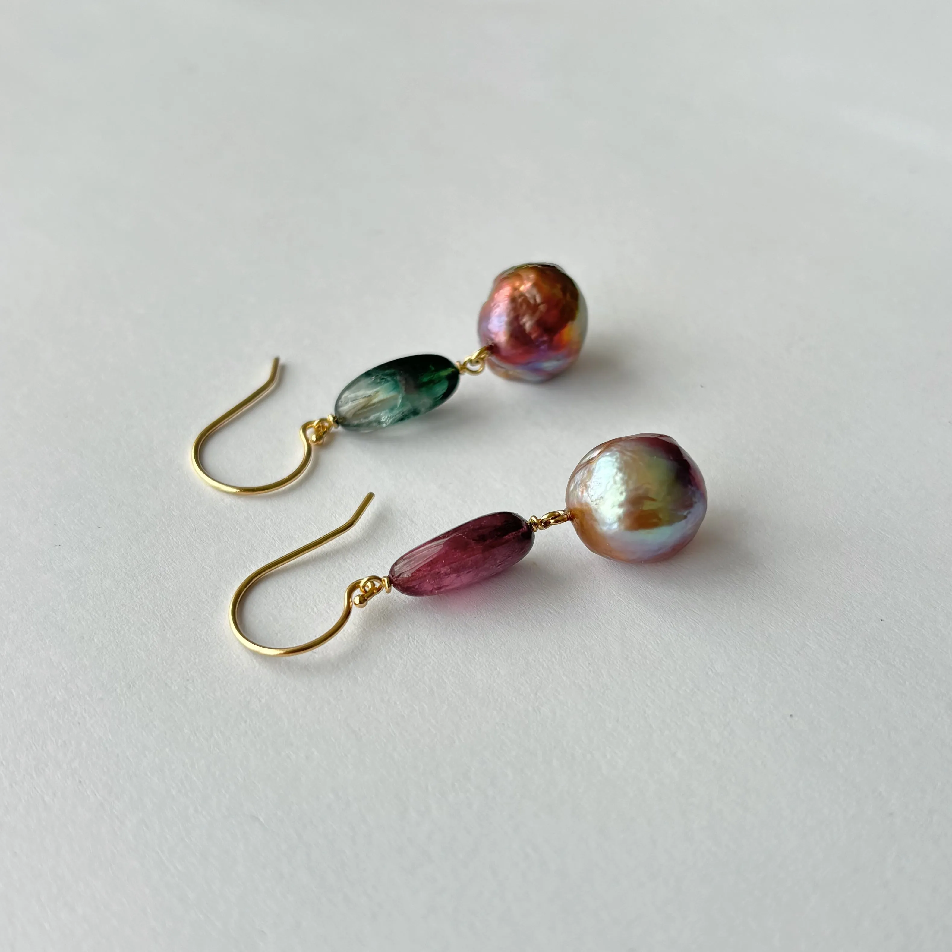 two tone tourmaline and Japan Kasumi pearl earrings