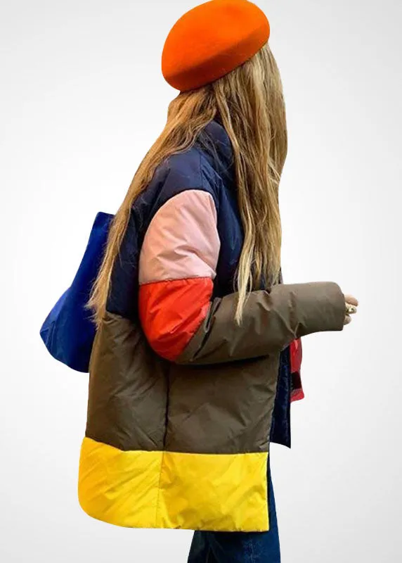 Unique Yellow Stand Collar Zip Up Patchwork Duck Down Puffer Jacket Winter