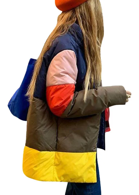 Unique Yellow Stand Collar Zip Up Patchwork Duck Down Puffer Jacket Winter