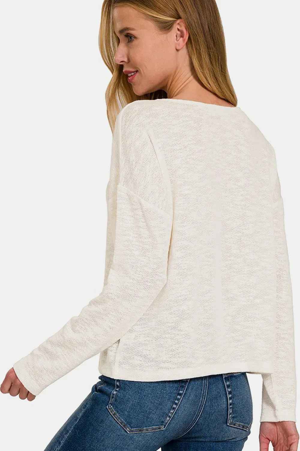 V-Neck Dropped Shoulder Long Sleeve T-Shirt