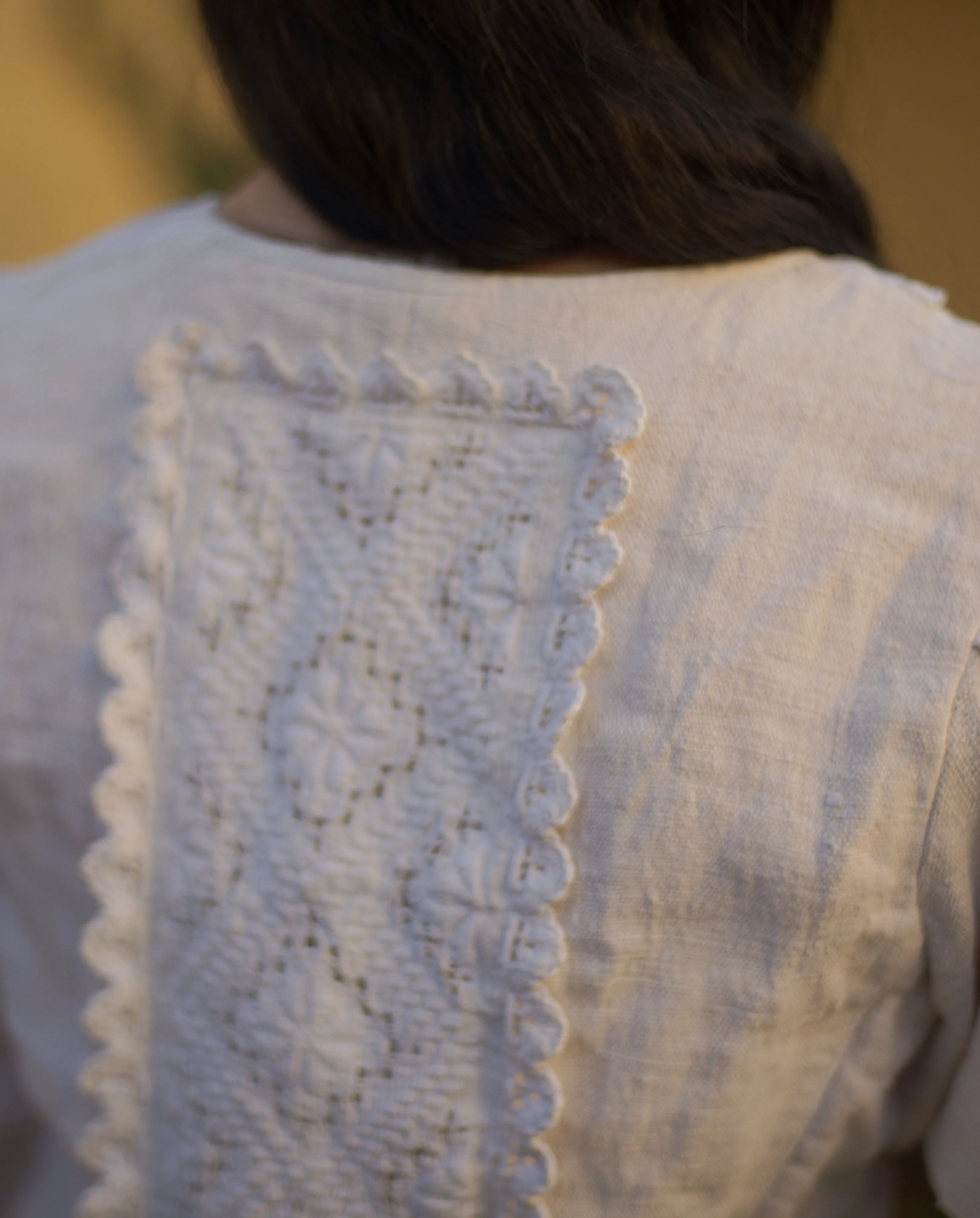 Vintage hemp linen puff sleeve folk blouse with hand embroidered paneling, small-med