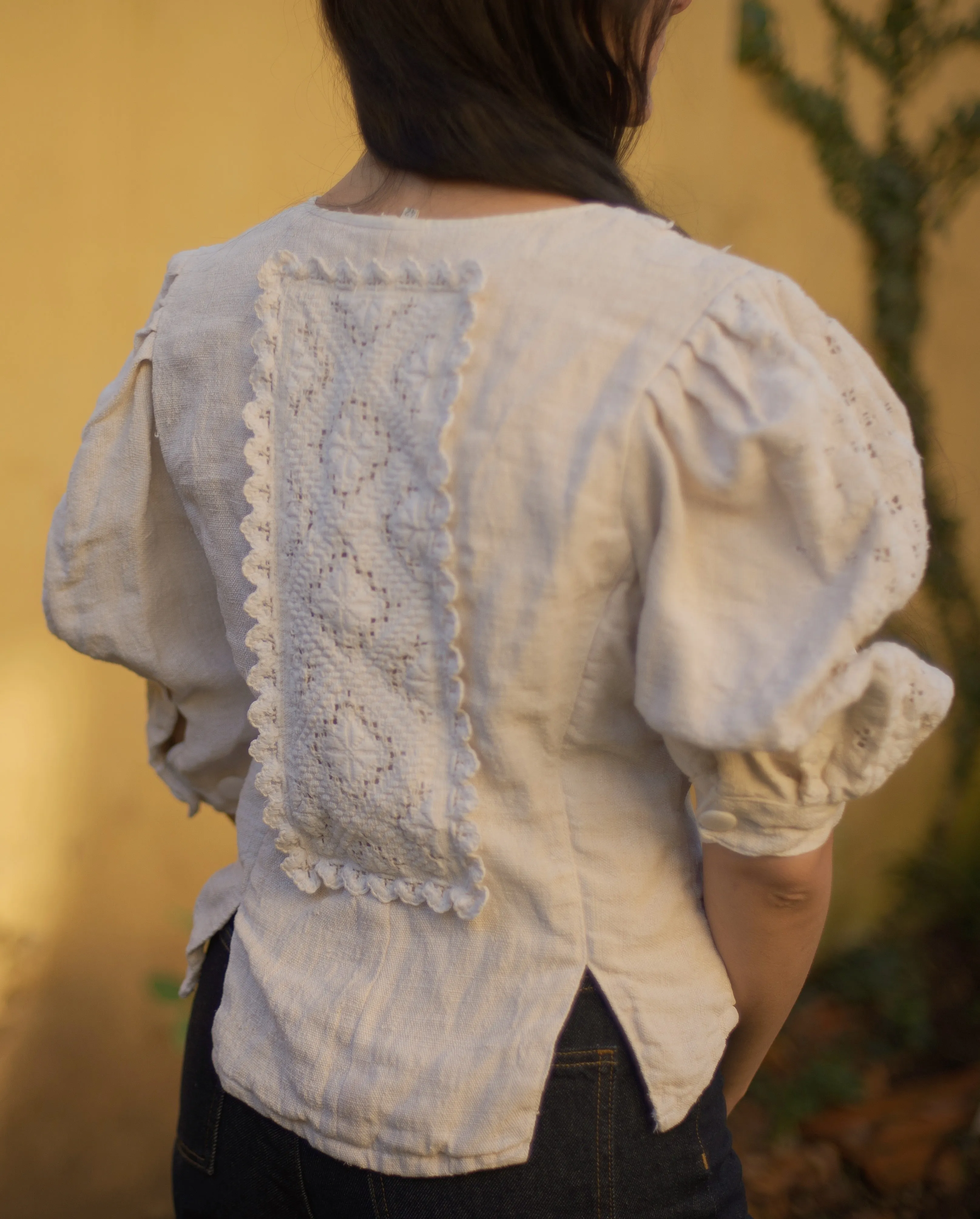 Vintage hemp linen puff sleeve folk blouse with hand embroidered paneling, small-med