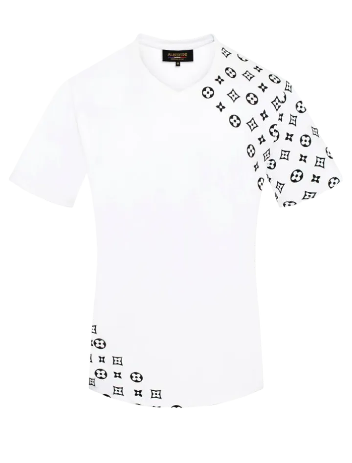 White Men's Luxury Design V-Neck T-Shirt Graphic Print Short Sleeve