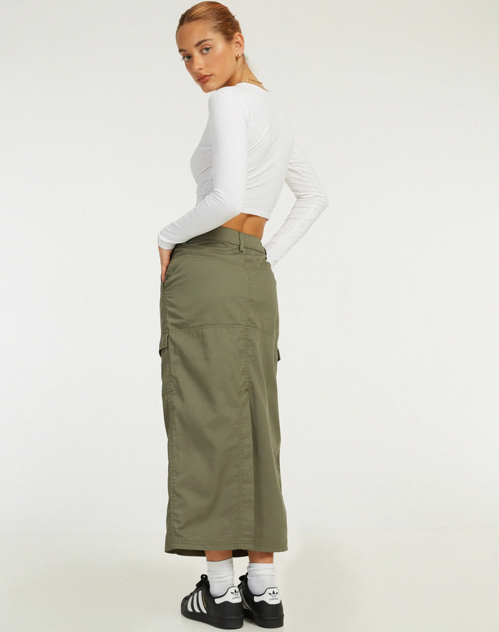 Widya Cargo Midi Skirt in Dark Olive