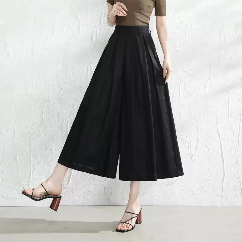 Women linen pants/Cropped trousers/black pants/high waist trousers/wide leg pants/elastic waist Pants/palazzo pants P0025