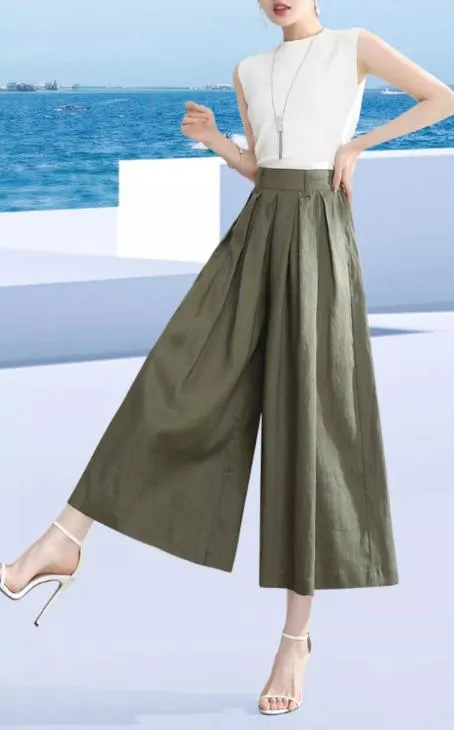 Women linen pants/Cropped trousers/black pants/high waist trousers/wide leg pants/elastic waist Pants/palazzo pants P0025