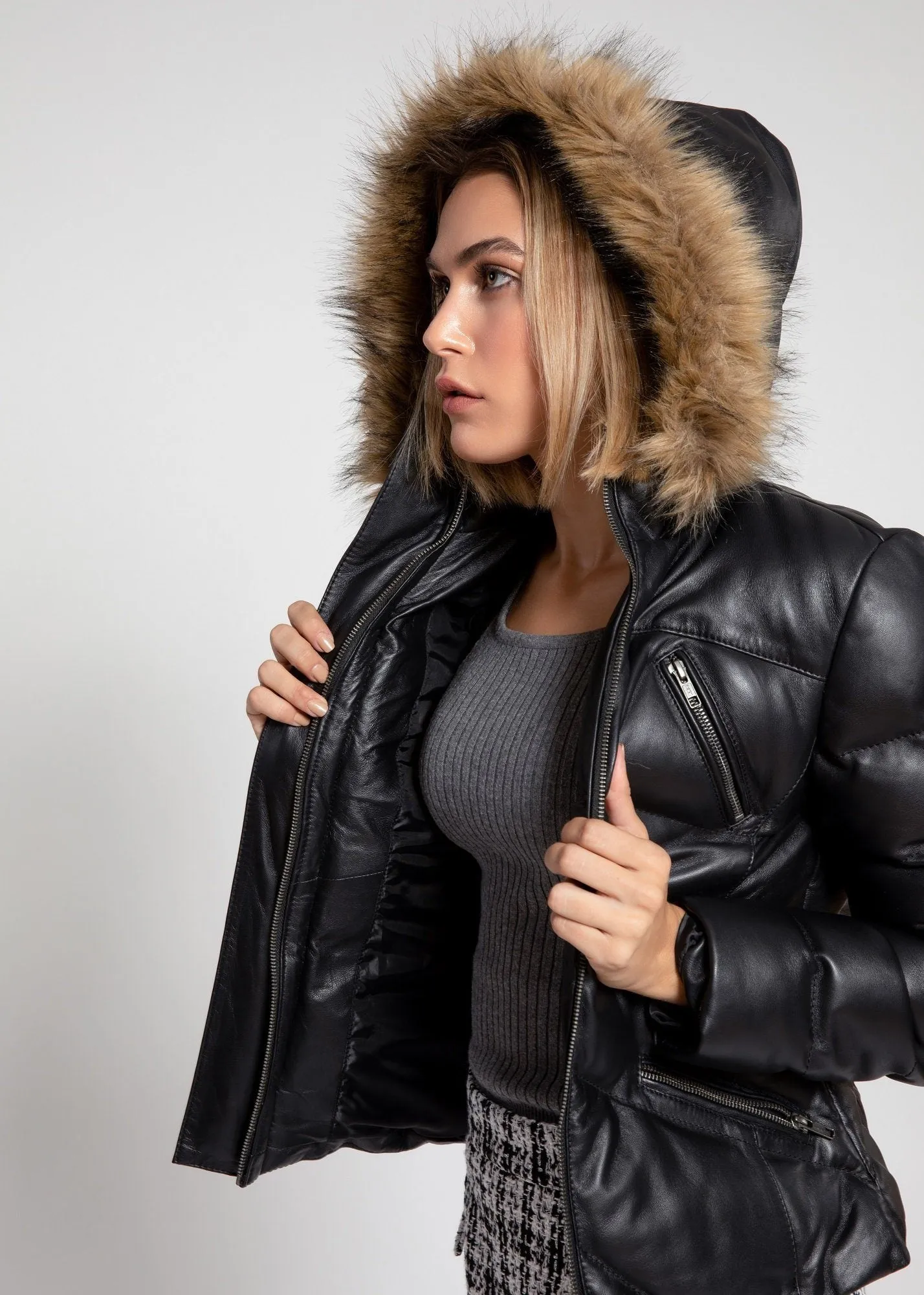 Women's Joselyn Black Puffer Winter Down Leather Jacket with Fur