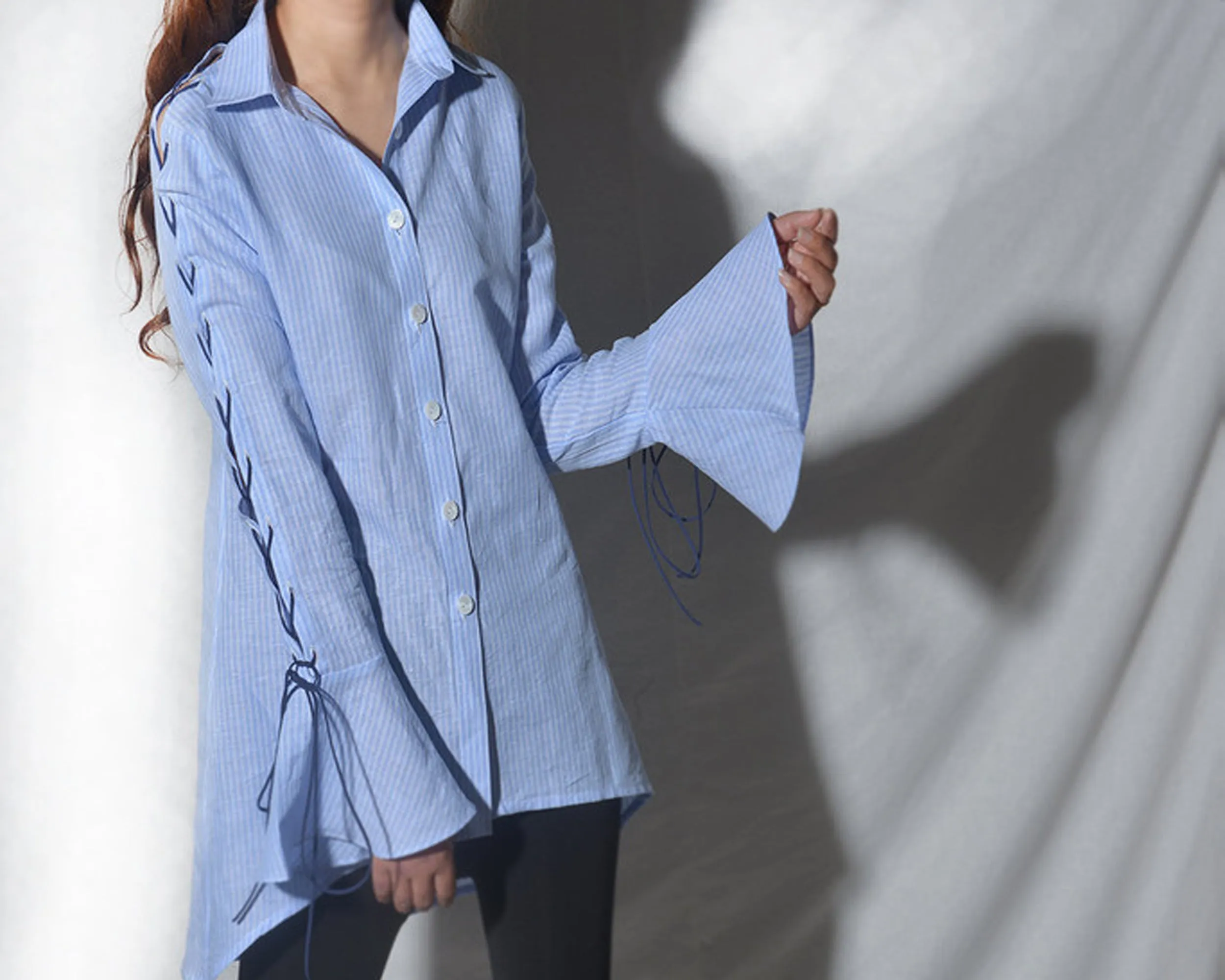 Women's linen shirt/linen blouse/white top/asymmetrical shirt/plus size blouse/button down shirt T005