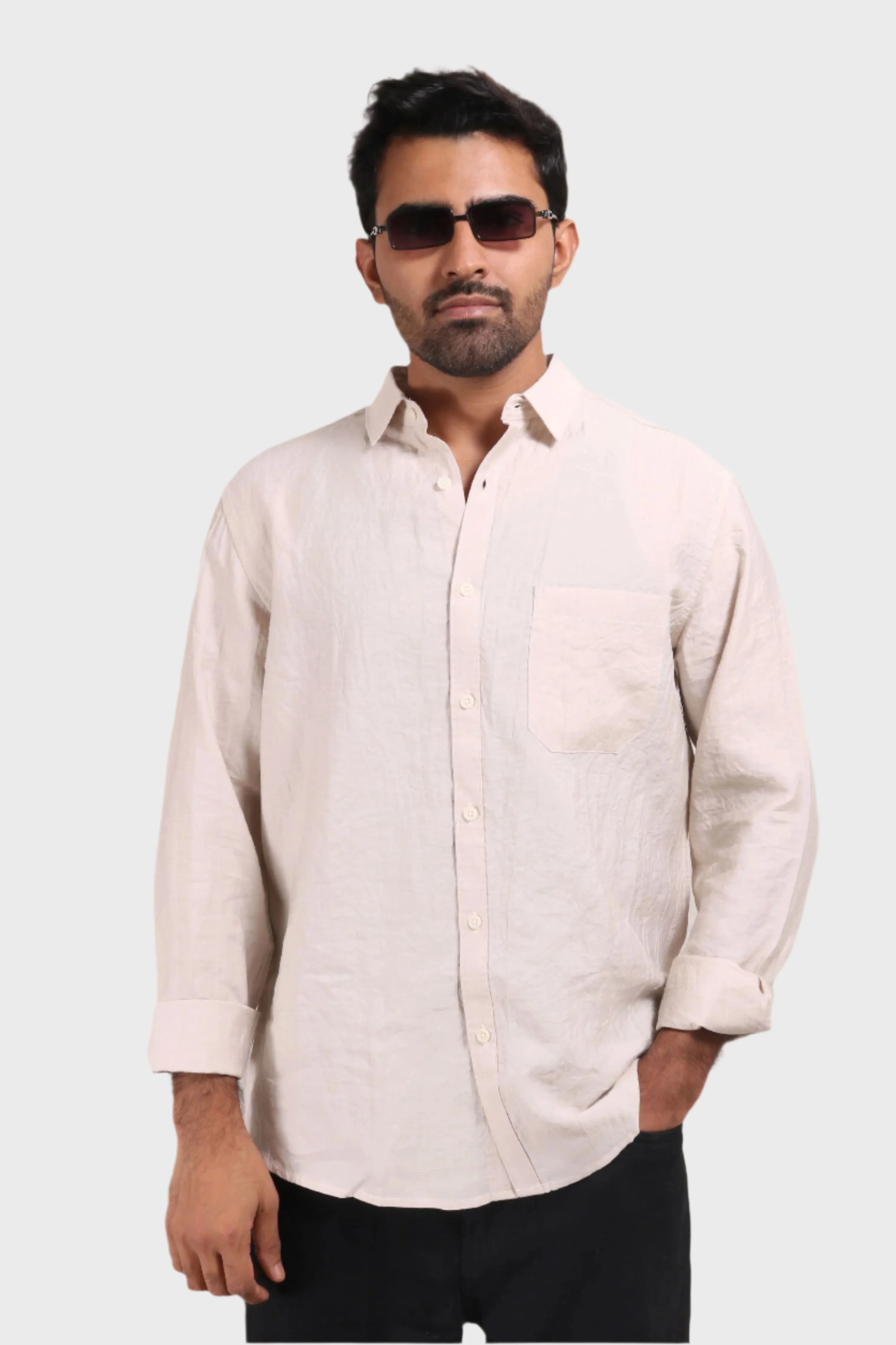 XKIND BEIGE CRUSH WRINKLED LOOK REGULAR FIT SHIRT